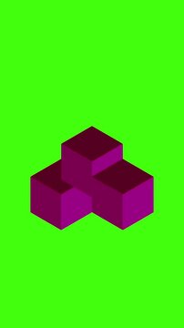 Minimal 3D purple isometric blocks rendering on bright green screen background.