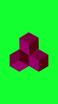Purple 3D isometric brick blocks on bright green chroma key background.