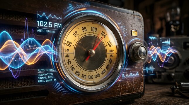 Old vintage radio displaying radio waves and audio spectrum with digital futuristic overlay.