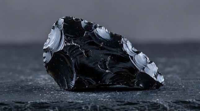 Rough black volcanic glass stone with sharp edges and smooth surface texture
