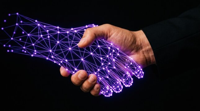 Collaboration Symbolized: Human Handshake with Glowing Digital Hand in Purple Light Connection, between a