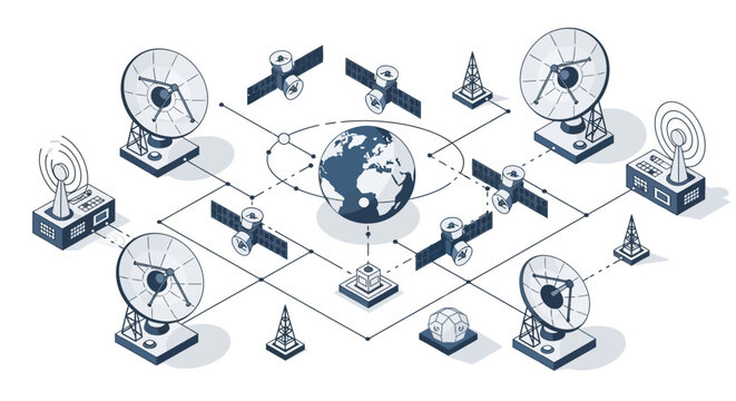Ground based telecommunication stations exchange information with orbiting satellites in space.