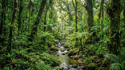 Fototapeta premium Explore the lush green hiking trail through Ecuador's Rainforest in Mindo Valley Ecuador Rainforest. nature path