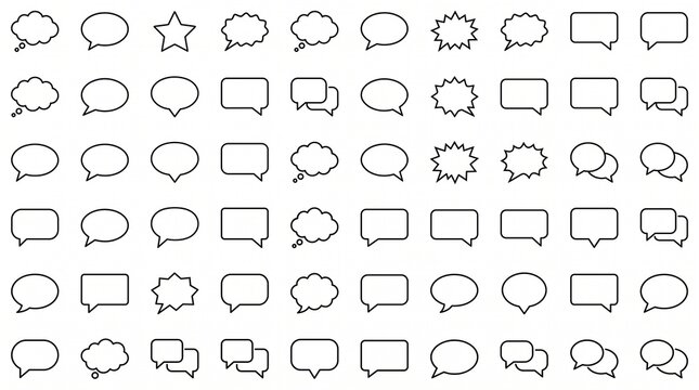 "Create a premium flat vector collection featuring 48 speech bubbles, chat boxes, dialogue balloons, and thought bubbles arranged in a clean 4&times;12 grid on a white or transparent background. The collect