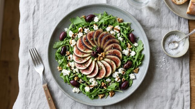 Colorful and healthy summer salad with figs, white cheese, arugula, olives Bright nutritious featuring figs cheese