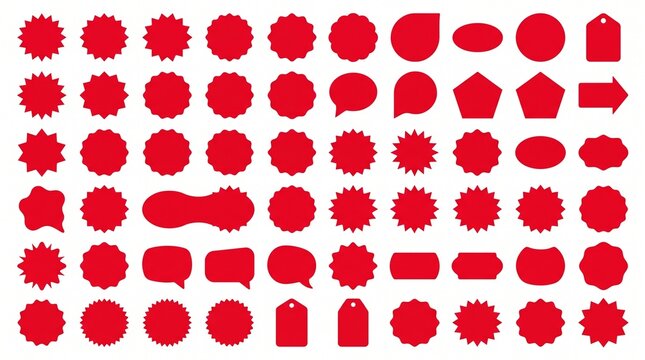"Create a premium flat vector collection featuring 40 promotional badge and burst shapes arranged in a clean 4&times;10 grid on a white or transparent background. The collection should include a wide variet