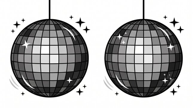 "Create a premium flat vector icon collection featuring two retro disco ball illustrations displayed side by side on a clean white or transparent background. Each disco ball should be suspended from a