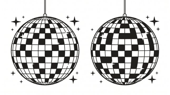 "Create a premium flat vector icon collection featuring two retro disco ball illustrations displayed side by side on a clean white or transparent background. Each disco ball should be suspended from a