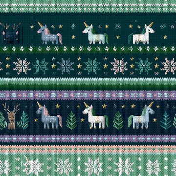 Festive seamless knitted pattern with unicorns stars and christmas snowflakes seamless christmas snowflakes seasonal repeating background fairytale decorative illustration creative greeting