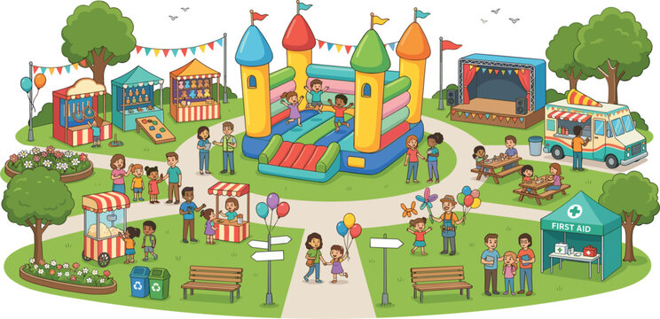 Colorful summer carnival and family fun fair vector landscape illustration with cute cartoon people children jumping in vibrant bouncy castle park map design