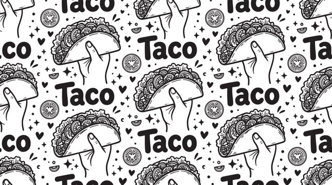 Seamless pattern with hand drawn tacos held by hands and tomato slices on a white background for food design