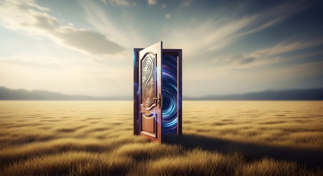 Mystical wooden doorway leading to abstract swirling portal in golden field under dramatic sky with revealing swirling cosmic portal beyond threshold under dynamic transformation
