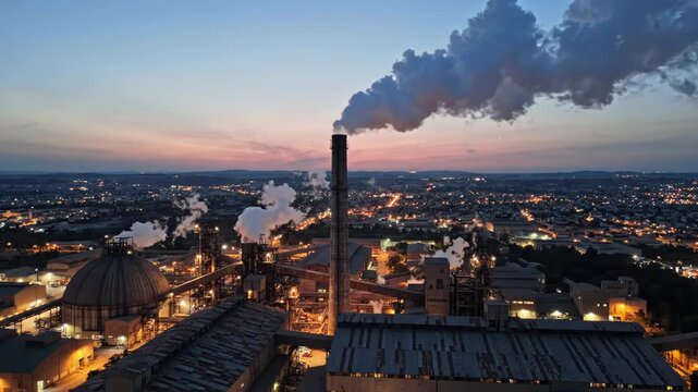 Aerial view of a heavy industrial factory with a tall smokestack emitting smoke at twilight near a city