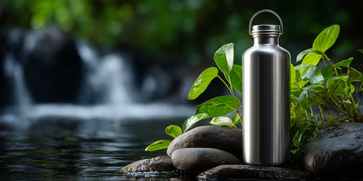 Sustainable water bottle surrounded by nature emphasizing circular economy principles for eco friendly living
