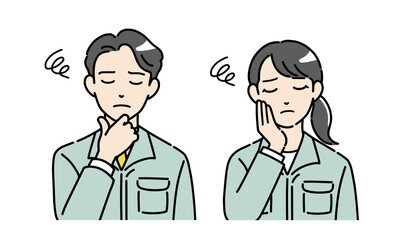 Obraz premium 目を閉じて悩んでいる作業服を着た若い男女のイラストセット 正面