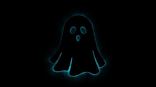 Spooky animated ghost graphic with blue neon outline on black background.