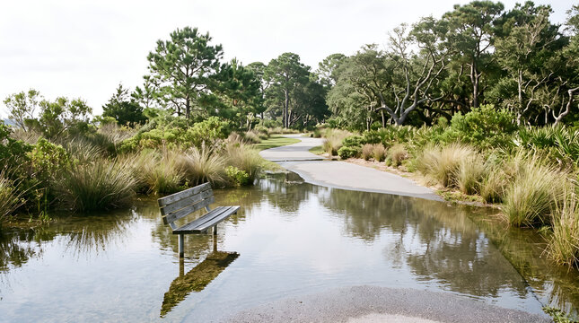 Coastal park temporarily flooded by rising sea level, illustrating urban resilience, climate adaptation, sustainable landscape planning, and environmental reporting.