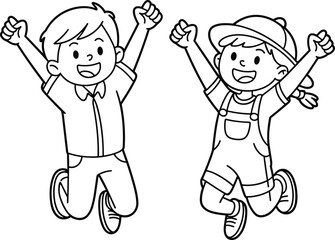 Hand drawn black and white vector illustration set of happy children jumping and cheering excitedly