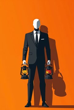 Faceless Businessman Holding Two Vintage Lanterns Choice Concept