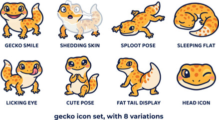 Fototapeta premium Cute baby gecko vector sticker set with 8 different funny poses and expressions