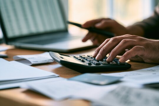 Businessman working on business finance, calculating data with calculator and laptop, checking documents at office desk