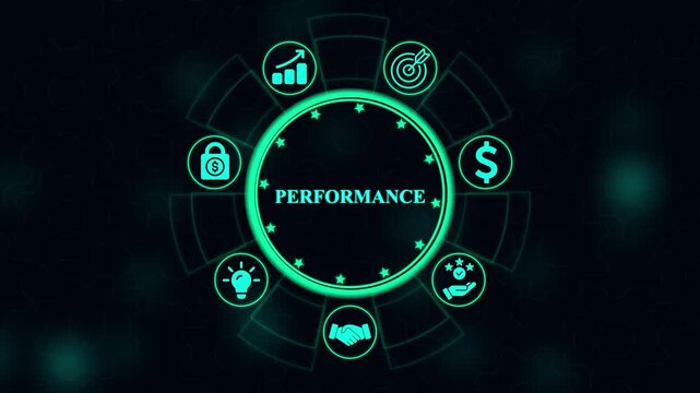 Digital interface with glowing green performance text surrounded by business on a dark background featuring a circular gear pattern and stars