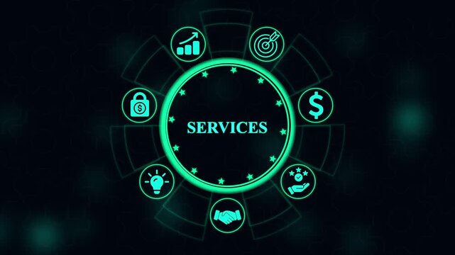 Glowing cyan services concept featuring business symbols arranged in a circular pattern on a dark background with subtle gear textures