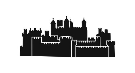 Obraz premium Medieval Castle Silhouette Icon, Historic Fortress Landmark, Royal Architecture Vector