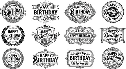 Obraz premium Set of vintage happy birthday typography badges, retro celebration labels and lettering emblems