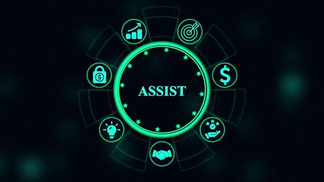 Glowing cyan assist concept featuring business symbols arranged in a circular pattern on a dark background with subtle gear textures
