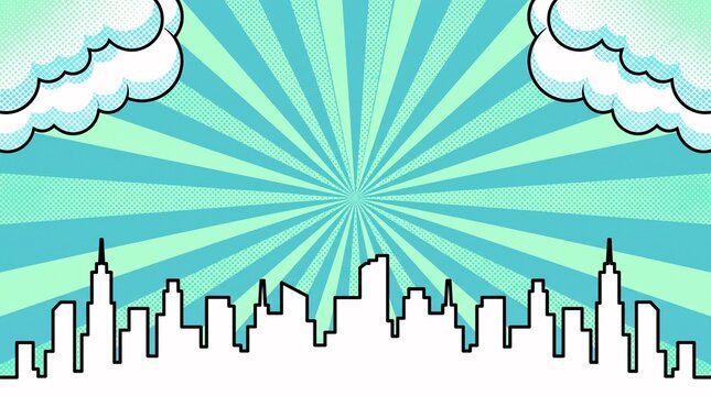 Minimal mint blue skyline background with vintage radial rays, comic clouds, and clean city silhouette. Ideal for presentations, web headers, posters, branding, and editorial layouts.