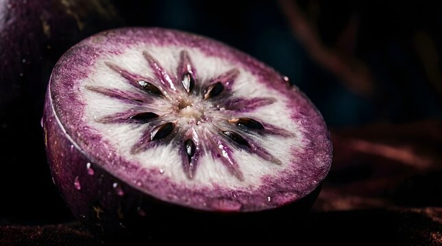 Half of ripe star apple fruit showing intricate patterns and seeds on dark background shot.