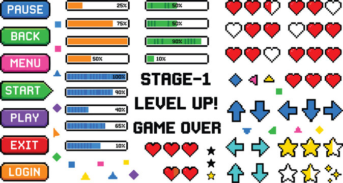 Pixel art video game user interface elements set with buttons progress bars hearts stars arrows vector illustration