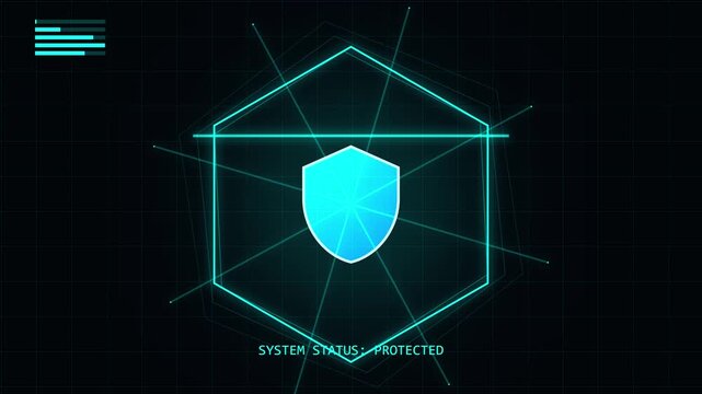 Digital shield icon scanning for system security protection in futuristic interface.