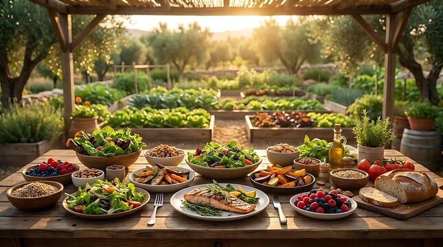 Healthy farm-to-table lunch spread on outdoor garden table.