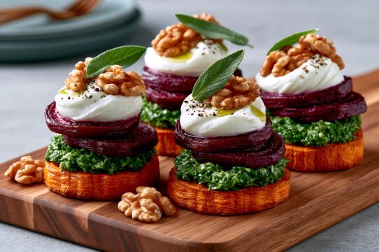 Sweet potato beetroot goat cheese canap&eacute;s with walnuts