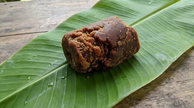 Gula melaka palm sugar block placed on green banana leaf on rustic wooden surface outdoor.