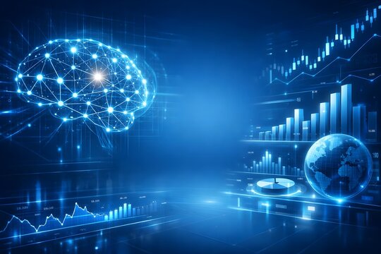 artificial intelligence brain with financial analytics dashboard abstract technology background