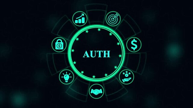 Digital interface featuring a glowing green circular emblem with the word auth surrounded by various business on a dark background with gears