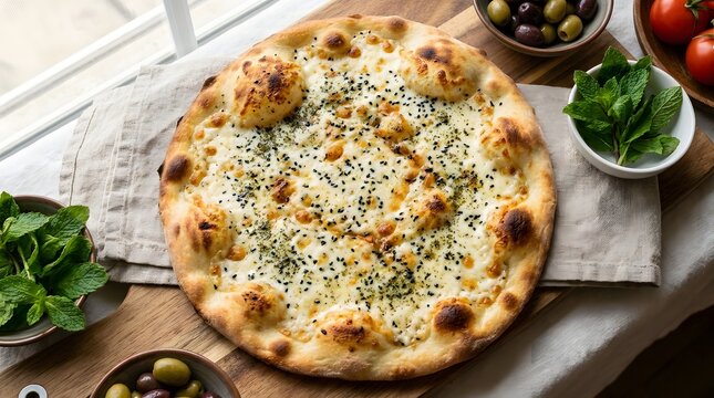 Delicious cheese pizza with herbs and black sesame seeds on wooden board.