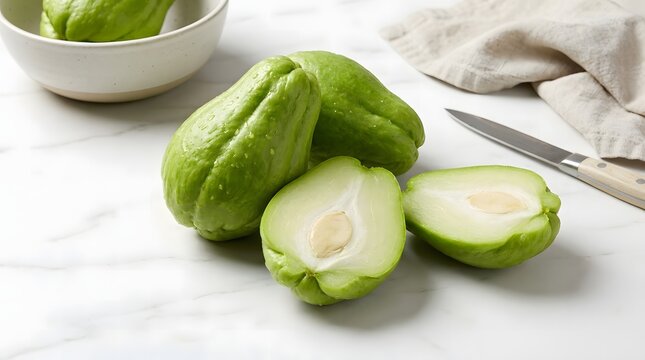 Fresh whole and sliced chayote squash arranged on white marble surface with kitchen knife.