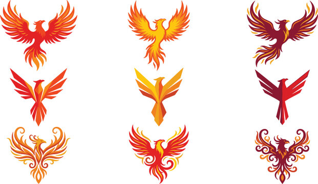 Phoenix Bird Vector Icon Set with Fire Elements Featuring Origami Geometric Styles, Flat Layouts, and Swirl Tribal Ornament Details for Corporate Mascot Logo Design