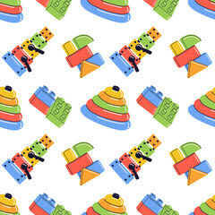 Fototapeta premium Colorful kids educational toys seamless pattern vector illustration isolated on white background. Graphic asset for nursery wallpaper, children fabric, and packaging.