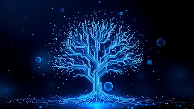 blue digital tree circuitry network glowing neural branches against dark background