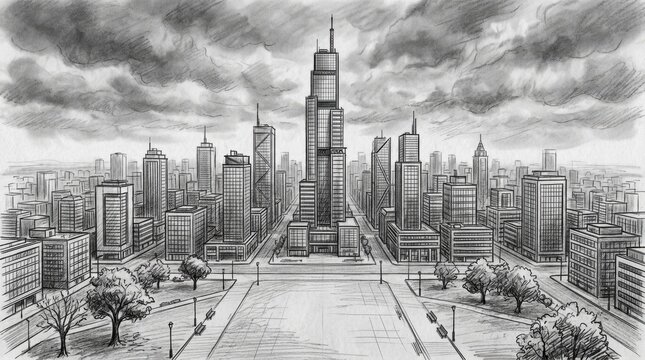 Modern abstract 3D urban structure with creative design and line art in of landscape