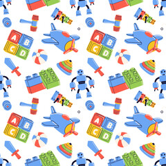 Fototapeta premium Colorful kids toys seamless pattern vector illustration isolated on white background. Graphic asset for children packaging, nursery wallpaper, and fabric.