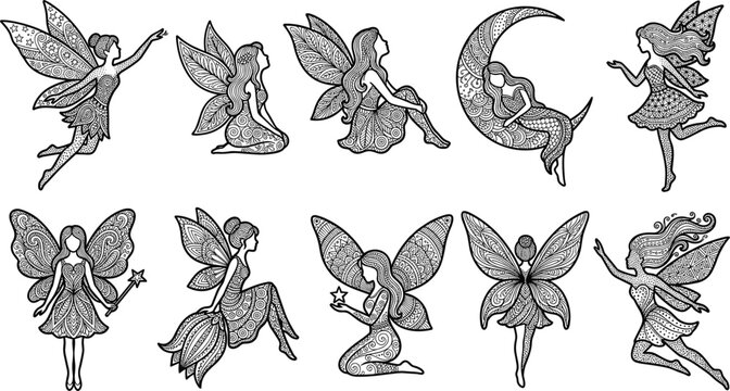 Beautiful Mythical Fairy Icon Set with Mandala Pattern Wings for Magic Theme Illustrations, Fantasy Graphic Designs, Crafting, and Adult Coloring Book Layouts