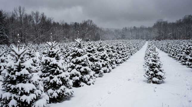 Peaceful Winter Scene: Small Snow-covered Evergreen Trees in Garden, Perfect for Holiday Tiny lightly covered with snow