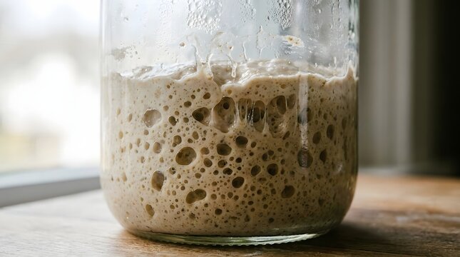 Sourdough starter active in glass jar close up for baking homemade bread in home kitchen.