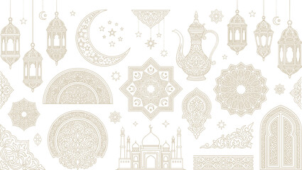 Islamic Ramadan Kareem decoration set with golden lanterns crescent moon mosque ornaments vector illustration isolated on white background © MSTSABEDA
